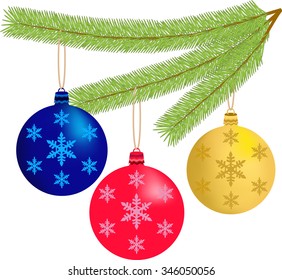 Christmas decorations red, yellow, blue, snowflakes, spruce branch, vector