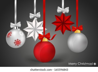 Christmas decorations with ribbon and bow, vector illustration.