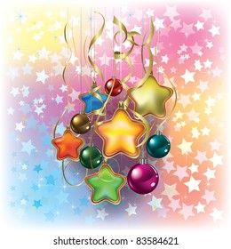 Christmas decorations and ribbons on stars background