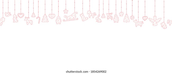 Christmas decorations seamless border. Ornaments hanging with deer, hors, tree, rabbit, angel, snowman, sock, mitten, heart, candy, sleigh, bird, star, wreath, bell, house. Vector red illustration.