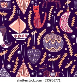 Christmas decorations seamless pattern. Bright colors for catchy holiday designs. Lovely doodles decorate your nice project.