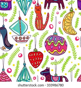 Christmas decorations seamless pattern. Bright colors for catchy holiday designs. Lovely doodles decorate your nice project.