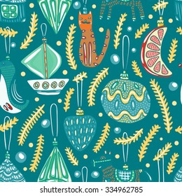Christmas decorations seamless pattern. Bright colors for catchy holiday designs. Lovely doodles decorate your nice project.