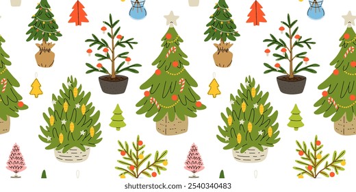 Christmas decorations seamless pattern. Winter holiday elements, stuff bundle. Xmas ornaments, decor, festive christmas tree, and toys. Flat vector illustrations isolated on white background