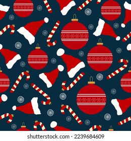 Christmas decorations seamless vector repeat pattern. candy cane, santa hat, snowflake on blue background seamless vector pattern. It is suitable for tiles, decor, textile, card, wrapping, packaging.