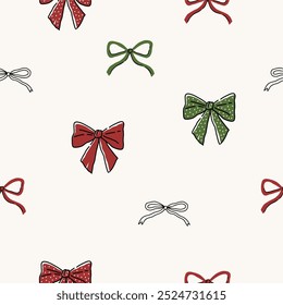 Christmas decorations set with Bow. New Year and Christmas holiday decorations. Cozy decorative holiday elements. Flat vector seamless pattern