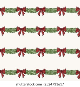 Christmas decorations set with Bow. New Year and Christmas holiday decorations. Cozy decorative holiday elements. Flat vector seamless pattern