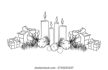 Christmas decorations set, continious line art drawing. New Year 2026 Christmas box outline. Vector illustration