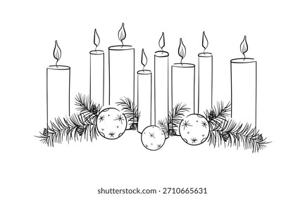 Conjunto de decoraciones de Navidad, dibujo de arte de línea continua. Nuevo año 2026 Navidades 8 velas de contorno. Ilustración vectorial