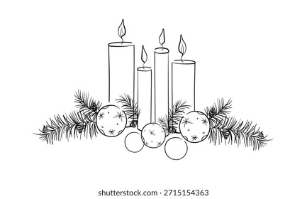 Weihnachtsschmuck, durchgehende Linie Kunstzeichnung. Neujahr 2026 Weihnachten 4 Kerzen umreißen. Vektorgrafik