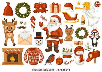 Christmas decorations. Set of elements. Isolated objects on white background. Vector illustration.