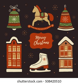 Christmas decorations and set elements: Christmas toys, rocking horse, skates, houses in the snow. Merry christmas and Happy new year. Hand-drawn illustration. 