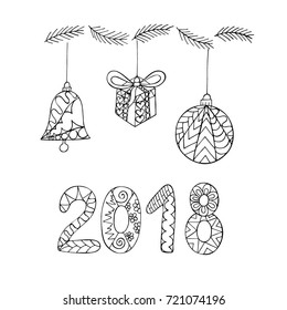 Christmas decorations set with figure 2018. Vector illustration. Made by trace from sketch.