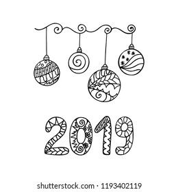 Christmas decorations set with figure 2019. Hand drawn ornamental typography design. Vector illustration. Made by trace from sketch. 