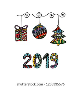 Christmas decorations set with figure 2019. Hand drawn ornamental typography design. Zentangle style. Vector illustration.