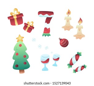 Christmas decorations set in flat cute cartoon style. Vector illustration of Xmas design elements isolated on white background. Fir tree, gifts, scarf, candles, wine glass and candies for New Year.