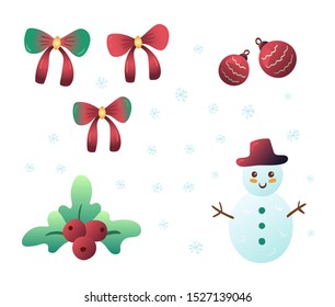 Christmas decorations set in flat cute cartoon style. Vector illustration of Xmas design elements isolated on white background. Kawaii smiling snowman character, colorful mistletoe, xmas festive bows.
