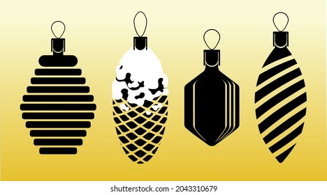 Christmas decorations. Set of four black vector silhouettes of vintage soviet Christmas tree toys isolated on gold background.