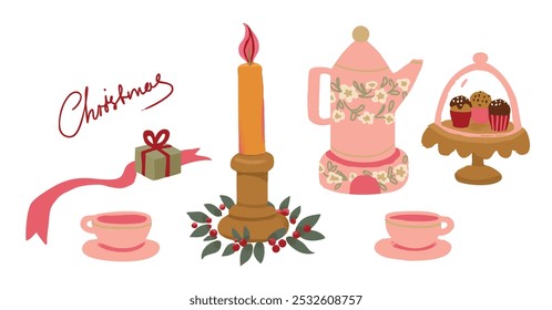 Christmas decorations set. Gifts, tea set, candles. New Year props, items bundle. Flat vector illustrations on white background