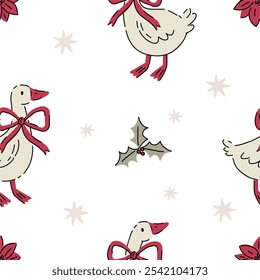 Christmas decorations set with Goose. New Year and Christmas holiday decorations. Cozy decorative holiday elements. Flat vector seamless pattern