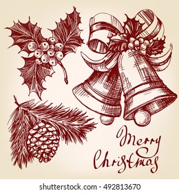 Christmas decorations set hand drawn vector llustration realistic sketch