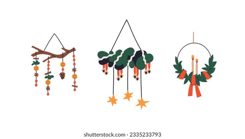 Christmas decorations set. Hanging decor, ornament for holiday. Fir wreath with ribbons, candles and stars, pendant branch with beads, cones. Flat vector illustrations isolated on white background