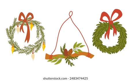 Christmas decorations set. Hanging decor, ornament for holiday. Fir wreath with ribbons, candles and stars, pendant branch with beads, cones. Flat vector illustrations isolated on white background