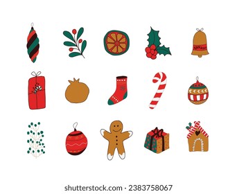 Christmas decorations Set . Happy new year. Christmas items. For the design of Christmas and New Year cards. Vector illustration. Hand-Drawn.