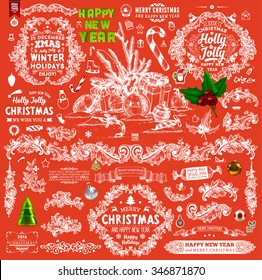 Weihnachtsdekorationen Set. Ferienobjekte für Grußkarten. Typografische Vintage Labels, Abzeichen und Logos. Erblüht die kalligrafische Kollektion.