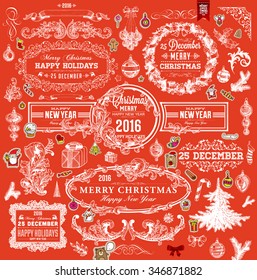 Weihnachtsdekorationen Set. Ferienobjekte für Grußkarten. Typografische Vintage Labels, Abzeichen und Logos. Erblüht die kalligrafische Kollektion.
