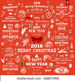 Christmas Decorations Set. Holiday Elements for Greeting Cards. Typographic Vintage Labels, Badges and Logos. Flourishes Calligraphic Collection.
