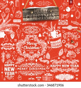 Christmas Decorations Set. Holiday Elements for Greeting Cards. Typographic Vintage Labels, Badges and Logos. Flourishes Calligraphic Collection.