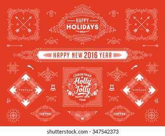 Christmas Decorations Set. Holiday Elements for Greeting Cards. Typographic Vintage Labels, Badges and Logos. Flourishes Calligraphic Collection.