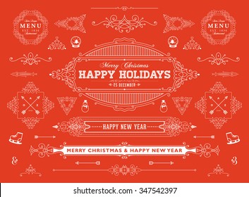 Christmas Decorations Set. Holiday Elements for Greeting Cards. Typographic Vintage Labels, Badges and Logos. Flourishes Calligraphic Collection.