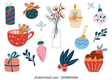 Decoración navideña. Regalos de vacaciones, bolas de Navidad, tortitas, bebidas calientes con malvaviscos, velas, flores y ramas. Felices vacaciones de invierno. Ilustración de dibujos de dibujos a mano vectoriales planos.