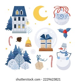 Christmas decorations set. Old house, moon, snowball, gift box, snowman, holly branch, glass ball, winter forest