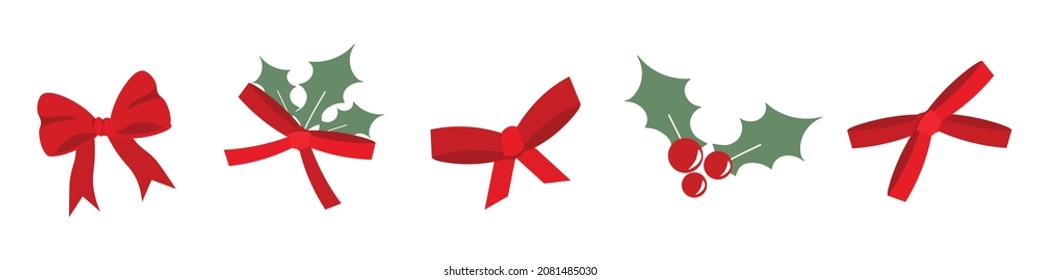 Decoraciones De Navidad. Cinta de satén roja doblada con bayas y materiales decorativos de árbol. Aislado sobre fondo blanco para múltiples usos.