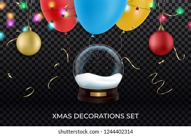 Christmas decorations. Set of snow globe, balloons, Christmas balls, string lights and gold confetti.