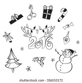 Christmas decorations set. Vector icons. Design elements collection. Cartoon  objects. Snowmen,deer, pine tree,holly berry, gifts, garlands, sweets on white Merry Christmas and Happy New 2016 Year!