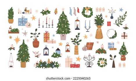 Christmas decorations set. Winter holiday elements, stuff bundle. Xmas ornaments, decor, fir wreath, festive tree, gift box, candles and socks. Flat vector illustrations isolated on white background