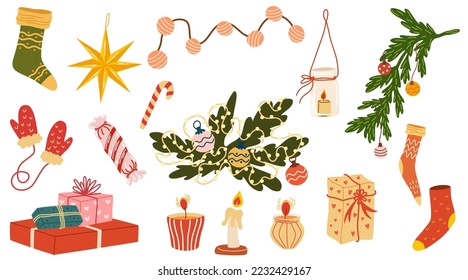 Christmas decorations set. Winter holiday elements, stuff bundle. Xmas ornaments, decor, fir wreath, festive tree, gift box, candles and socks. Vector hand draw illustrations isolated 