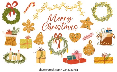 Christmas decorations set. Winter holiday elements, stuff bundle. Xmas ornaments, decor, fir wreath, festive tree, gift box, candles and socks. Vector hand draw illustrations isolated 