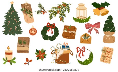 Christmas decorations set. Winter holiday elements, stuff bundle. Xmas ornaments, decor, fir wreath, festive tree, gift box, candles. Flat vector illustrations isolated on white background