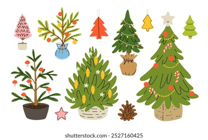 Christmas decorations set. Winter holiday elements, stuff bundle. Xmas ornaments, decor, festive christmas tree, and toys. Flat vector illustrations isolated on white background