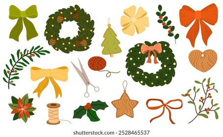 Decorações de Natal set. Ornamentos de férias de inverno, coisas. Árvore de Natal, bolhas, tesouras, coroas de abeto. New Year adereços, itens empacotados. Ilustrações de vetor planas isoladas no plano de fundo branco