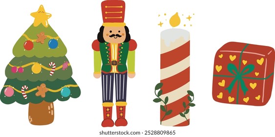 Christmas decorations set. Winter holiday elements, stuff bundle. Xmas ornaments, decor, santa claus, christma tree, gift box, candles, socks. Flat vector illustrations isolated, nutcracker