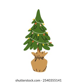 Decorações de Natal set. Elementos de férias de inverno, pacote de coisas. Enfeites de Natal, decoração, árvore de Natal festiva e brinquedos. Ilustrações de vetor planas isoladas no plano de fundo branco