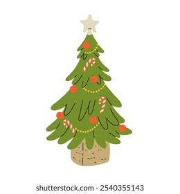 Christmas decorations set. Winter holiday elements, stuff bundle. Xmas ornaments, decor, festive christmas tree, and toys. Flat vector illustrations isolated on white background