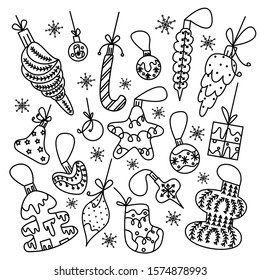 Christmas decorations set.Hand drawn vector illustration.Outline  doodles elements collection.Big set design icon objects and symbols of new year and christmas.