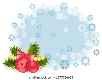 Christmas decorations and snow flakes on blue background. Happy New Year card, frame, banner. Vector. 